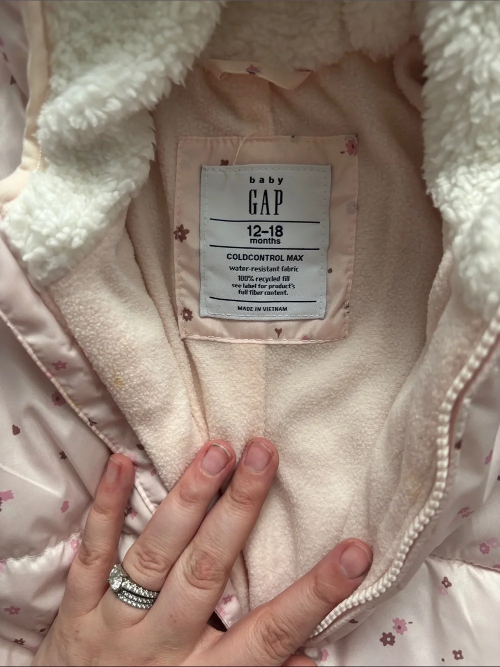 Gap Baby Pink Floral Puffer Snowsuit with Hood - 12-18 months